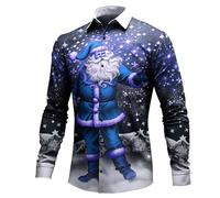 Camicie natalizie da uomo 2025 divertente Babbo Natale 3D maglietta a maniche lunghe con bottoni top magliette per feste e festival, Blu, 5XL