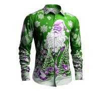Camicie natalizie da uomo con Babbo Natale e fiocco di neve divertente a maniche lunghe abbottonate top vacanze festival camicetta, Verde, 5XL