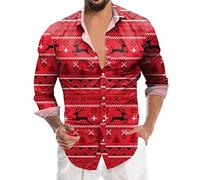 Camicie Natalizie Da Uomo Elegante, Camicia Elasticizzata Uomo a Maniche Lunghe E Bottoni, Maglietta Colletto Risvolto Stampato Natalizio Shirts X-Mas Grafica Top Cerimonia Comodi Stile Casual