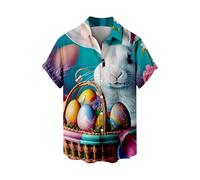 Camicie pasquali da uomo con stampa coniglietto caccia alle uova, camicia grande e alta, a maniche corte, con bottoni, retrò anni '80, camicie da bowling (blu, 4XL)