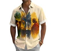 Camicie pasquali da uomo con stampa di Gesù Coniglietto Button Down Camicie a maniche corte Casual Vacanze Hawaii Camicia per feste Vacanze Spiaggia, Gesù retrò, S