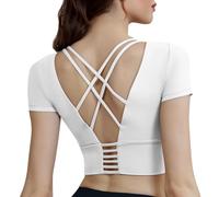 Camicie per esercizi da donna, senza maniche, con reggiseno integrato, reggiseno da palestra aperto sulla schiena, camicie da yoga in misto nylon spandex, vari colori e dimensioni disponibili