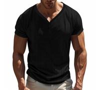 Camicie per nonno da uomo in cotone e lino traspirante casual 2 bottoni camicia Henley estiva scollo a V t-shirt senza colletto tinta unita magliette a maniche corte taglie forti top, Nero , S