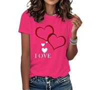 Camicie per San Valentino da donna, con scollo rotondo e cuore, alla moda, casual, a maniche corte, da indossare tutti i giorni, Rosa acceso, S