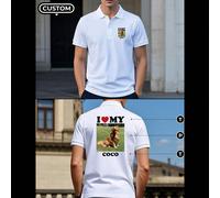 Camicie polo bianche personalizzate per uomo. Aggiungi disegni sia sul davanti che sul retro. Aggiungi le tue foto (paesaggi/stemmi/foto di coppia/foto di famiglia/selfie/animali domestici, ecc.). Gra