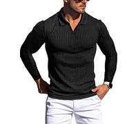 Camicie polo da uomo con scollo a V, a maniche corte, in maglia a costine, slim fit, casual e alla moda, Manica lunga nera., L