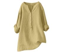 Camicie primaverili di lino per le donne Solid High Low Summer Garza Top Boho 2026 Loose Fit Casual Tshirt Manica a campana Scollo a V Carino Abito Fluido Arrotolato Manica Lunga Collo Stand Tinta