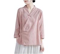 Camicie Qipao da donna eleganti a maniche lunghe colletto alla coreana casual bottoni a rana orientale cinese Cheongsam Top abbigliamento tradizionale Tang Suits China camicetta per le donne, 5-rosa