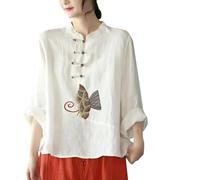 Camicie Qipao da donna eleganti a maniche lunghe colletto alla coreana casual bottoni a rana orientale cinese Cheongsam Top abbigliamento tradizionale Tang Suits China camicetta per le donne, 7-bianco