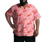 Camicie tropicali da uomo, camicia da spiaggia oversize con stampa di gamberi con bottoni | Top estivo a maniche corte per feste divertenti, Ombra Gamberetti Rosa, L