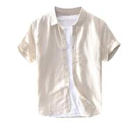 Camicie Uomo Particolari Mezze Maniche Semplice Camicia traspirante da uomo Camicia ampia a maniche corte in estate Indossa una camicia di lino in cotone bianco con risvolto sottile (Khaki, XXXL)