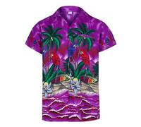 Camiciotto Hawaiano Da Uomo a Manica Corta Con Bottoni - Camicia Tropicale Con Pappagalli E Palme - Estiva