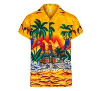 Camiciotto Hawaiano Da Uomo a Manica Corta Con Bottoni - Tropicale Con Pappagalli E Palme - Estivo