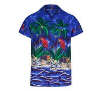 Camiciotto Hawaiano Da Uomo a Manica Corta Con Bottoni - Tropicale Con Pappagalli E Palme - Estivo