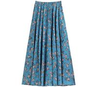Camilife Gonna Lunga da Donna in Cotone e Lino con Tasche Laterali Gonna Lunga con Elastico in Vita Gonna in Lino Boheme Retro Vintage Lunghezza 90 cm - Gonna Blu Oceano con Fiori Beige C118