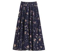 Camilife Gonna Lunga da Donna in Cotone e Lino con Tasche Laterali Gonna Lunga con Elastico in Vita Gonna in Lino Boheme Retro Vintage Lunghezza 90 cm - Gonna Blu Scuro con Fiori Biancho Stampati C108
