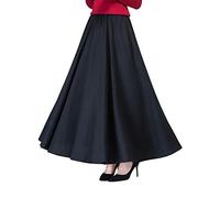 CAMILIFE Gonna Lunga da Donna Ragazze in Cotone di Lino Tasche Laterali Vita Elastica Gonna retrò Vintage Semplice Chic Lunghezza 90 cm - Tinta Unita Nero