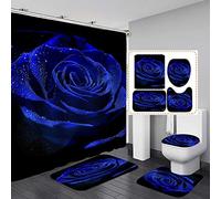 Camille & Andrew - Set di 4 tende da doccia Dewy Royal Blue Rose, regalo di San Valentino, elegante decorazione floreale romantica per il bagno, tenda da bagno in tessuto, tappeto da bagno