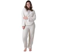 Camille Pigiama da donna morbidissimo in pile jacquard sherpa con motivo intrecciato color crema e dettagli in corda, a maniche lunghe, girocollo con elastico in vita, crema, 42/44 IT