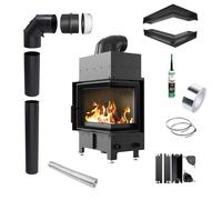 Caminetto ad aria angolare KRATKI FLOKI destro 8kW Ø160 nero kit montaggio [EEK: A]