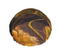 Camino a través del bosque con árboles amarillos en otoño Gorro de ducha estampado Gorro de satén Gorro de pelo Gorros de baño impermeables Banda elástica Dobladillo elástico Gorro de ducha reutilizab