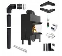 Camino ad angolo a legna in acciaio Floki nero, 10 kW ∅200 BImSchV 2 efficienza 83% inserti camino in legno, gamma di potenza 4-13 kW, set completo con accessori apertura a destra