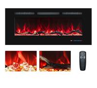 Camino elettrico da 108 cm, da incasso e da parete, termostato, camino lineare con telecomando e touchscreen, fiamma multicolore, timer, legno e cristalli, 750 W/1500 W
