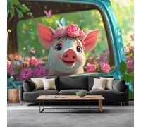 Camion Dei Cartoni Animati Maiale Con Fiori Carta da Parati In Tessuti non Tessuti 400 x 280 cm Murali, Verde Fotomurale Murale Soggiorno Camera da Letto Cameretta Dei Bambini Decorazione