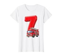 Camion dei Pompieri 7° Compleanno dei Vigili del Fuoco Veicolo Bambini Sette 7 Maglietta con Stampa Grafica Economica, Donna, Bianco, XL
