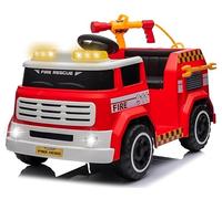 Camion Pompieri Cavalcabile Elettrico 12V per Bambini - Veicolo con Sirena, Luci Lampeggianti, Estintore ad Acqua, Microfono, Telecomando, Musica, LED, USB, Cintura - Batteria Inclusa