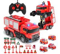 Camion Pompieri Giocattolo Telecomandato, Autopompa Vigili del Fuoco con Luci e Suoni, Pompiere Giocattoli con Spruzzatrice d'acqua, Trasforma Robot e Macchina Telecomandata, Regalo Bambini
