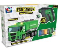 Teorema Giocattoli 67314 - Camion della Spazzatura Giocattolo, con 3 Bidoni e Spazzole, Smonta e Rimonta con Avvitatore a Batteria, 130 pezzi