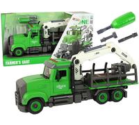 camion verde per trasporto legname con gru e luci