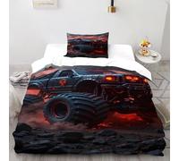 Camione luce rossa nera Stampa 3D Means of Transportation Set Copertura Piumino 2 Pezzi Microfibra Resistente Alle Rughe Cuscini Cerniera Chiusa Single(135x200cm) Per Adulti, Donne E Bambini