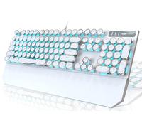 Camiysn Tastiera meccanica da gioco in stile macchina da scrivere, tastiera da gioco bianca retrò punk con retroilluminazione blu, 104 tasti blu interruttore cablato, tasti rotondi per Windows/Mac/PC