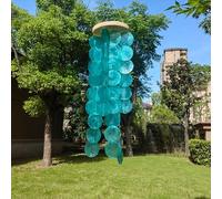 Campanella a vento Capiz fatta a mano, 28 pollici, design oceanico per giardino e balcone, suono melodico in conchiglie naturali, legno resistente alle intemperie, decorazione da appendere (blu