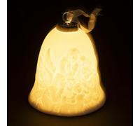 Campanella led in ceramica bianca h. 9,4 cm, decoro natività, XMas