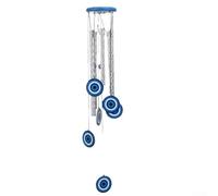Campanello a vento in alluminio con dettaglio occhio azzurro e componenti in legno progettato per l'esposizione a lungo termine in interni ed esterni