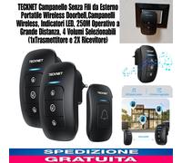 Campanello Wireless da Esterno Portatile 1xTrasmettitore e 2X Ricevitori. 250m