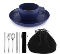 Campeggio Essentials Set, Homquen Piatti da campeggio e ciotole Set, Tazza da caffè, Set posate da viaggio include cucchiaio, forchetta, coltello per il lavoro, Outdoor,Picnic, Campo（Blu）