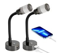 CamperXlite 2 Pezzi 2W Lampada da Lettura 12V Camper, Leselampe 12V Acrilico Dimmerabile Flessibile Collo di Cigno con Interruttore e 18W QC per Caravan Barca Roulotte Camion Yacht (Nero, 3200K)