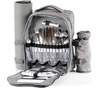 CampFeuer Zaino da picnic per 4 persone | grigio | set da picnic 32 pezzi | incl. portabottiglie e coperta in pile, ampio scomparto refrigerante, stoviglie e posate