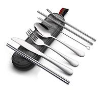 Camping Cutlery Set 8 Pcs Portable Travel Utensils with Case Reusable Stainless Steel Knife Fork Spoon Chopsticks for Outdoor Picnic Office School Lunch Dishwasher Safe (Argento)