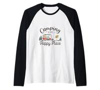 Camping Is My Happy Place Caravan Sole e Tee Naturale Maglia con Maniche Raglan