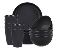 Camping Plates, Unbreakable Plates and Bowls Set for 4, 36 Pcs Plastic Picnic Set for Party, Home & Picnic, Lightweight Microwave & Dishwasher Safe, Camping Cutlery for Kids and Elderly (1, Black)