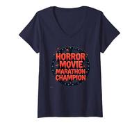 Campione della Maratona di Film Horror per Uomini di Halloween Spooky Fun Maglietta con Collo a V, Donna, Navy, L
