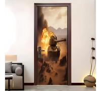 Campo Di Battaglia Carri Armati Tema Autoadesivo Adesivi per Porte Interne 3D Marrone Porta Adesivi Parete Decorazione per Soggiorno Cucina Bagno Ristorante Hotel Ufficio Carta da parati 82x200 cm