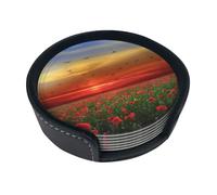 Campo di papaveri rossi al tramonto stampato,Set di 6 sottobicchieri rotondi, sottobicchieri in pelle PU con supporto per casa, ufficio, cucina