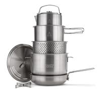 Campo Libre.® ENZO Set Pentole da Campeggio - Pentole e Padella in Acciaio Inox Resistente con Tecnologia ProCore, Compatibile con Fornello Elettrico, Induzione, Gas, Compatto e Impilabile. 8 pezzi