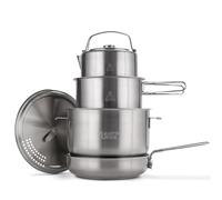 Campo Libre.® ENZO Set Pentole da Campeggio - Pentole e Padella in Acciaio Inox Resistente con Tecnologia ProCore, Compatibile con Fornello Elettrico, Induzione, Gas, Compatto e Impilabile. 6 pezzi